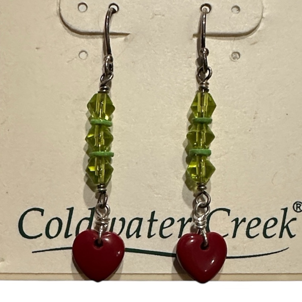 Vtg Coldwater Creek Sterling Silver Genuine Stone Red Heart Green Bead Earrings